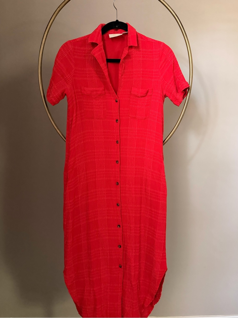 Anthropologie Maeve Bright Red Button-Front Midi Shirt Dress